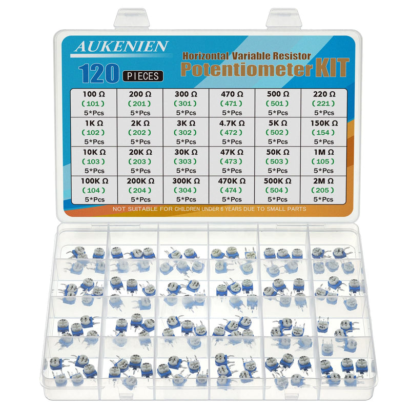 AUKENIEN 24 Values 120 Pieces Trimmer Potentiometer Vertical Variable Resistor 100 200 300 470 500 220 1K 2K 3K 4.7K 5K 150K 10K 20K 30K 47K 50K 100K 200K 300K 470K 500K 1M 2M Ohm Classification Kit V Trimmer Potentiometer Kit