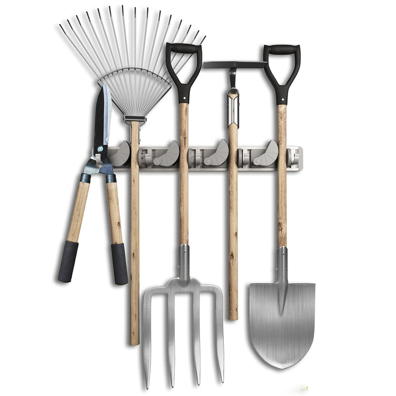 Space-saving device holder for the wall - aluminum profile with 4 individually positionable brackets and 5 hooks [for brooms, garden tools, tools] - ideal in the garage, workshop and garden 1
