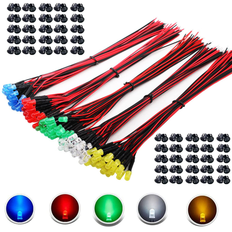 RUNCCI-YUN Pack of 100 5 mm 3V-9V-12V LED diodes, LED with cable 12 V, model railway H0 lighting RC model building LED diodes light + 100 pieces 5 mm LED mounting rings plastic (red, yellow, green, white, blue)