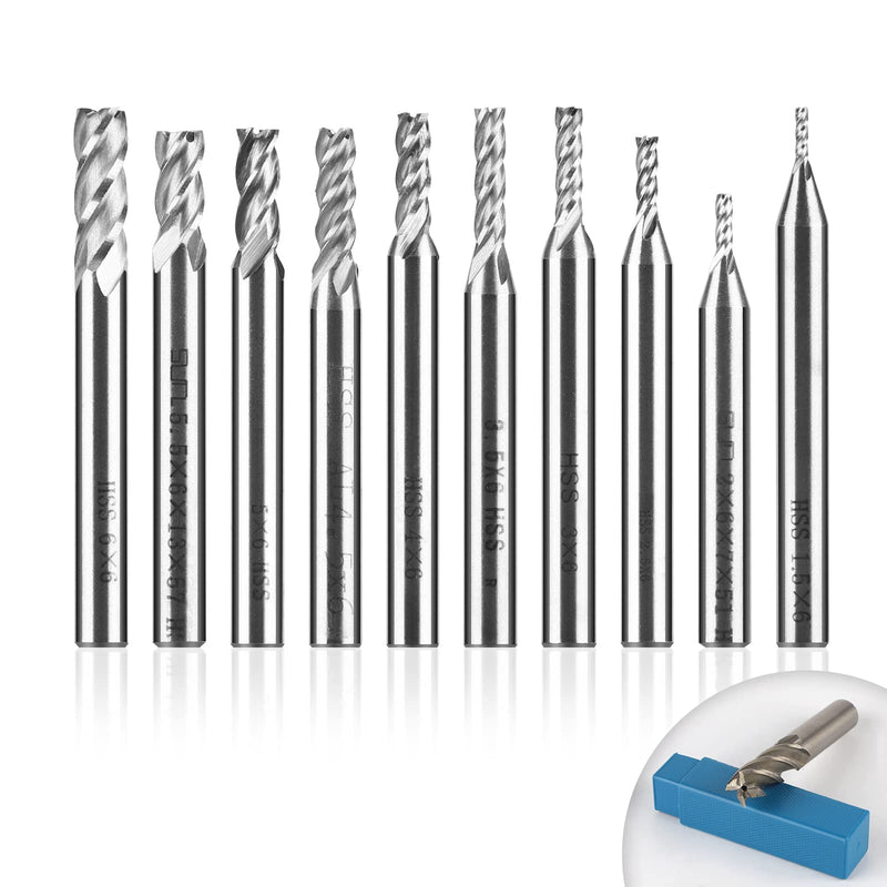 EFUTURETIME 10 pieces 4 flutes HSS end milling cutter φ1.5-6mm, CNC milling cutter set, straight shank end milling cutter, high-speed steel for aluminum, wood, plexiglass, precision work 1.5-6mm