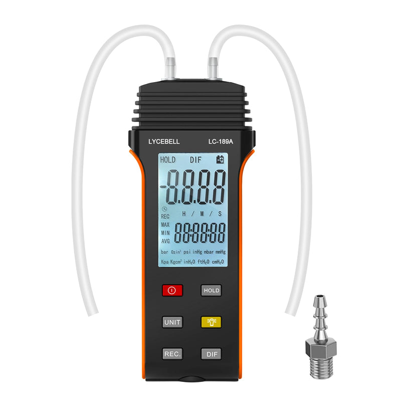 LC-189A Pressure Gauge, Digital Air Pressure Gauge, Differential Pressure Gauge, HVAC Gas Pressure Gauge, Suitable for Air Pressure Measurement (Black + Orange)
