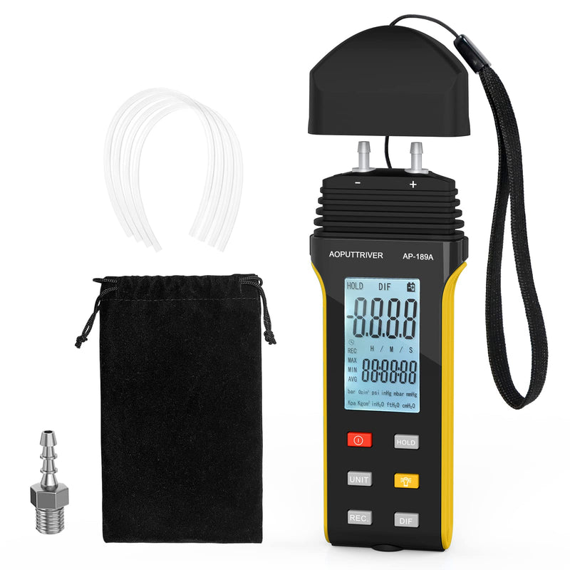 AP-189A Professional Air Pressure Gauge, Gas Pressure Gauge with Two Connections, Differential Pressure Gauge with 11 Selectable Units, HVAC Pressure Gauge with Data Storage AP-189A (6Psi)
