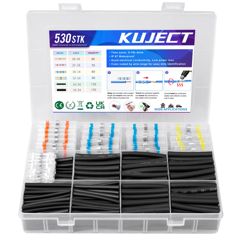 Kuject 530 pieces solder connector heat shrink connector with heat shrink tube, waterproof insulated cable connector set, electrical wire connector for automobile, marine, boat 530 pieces