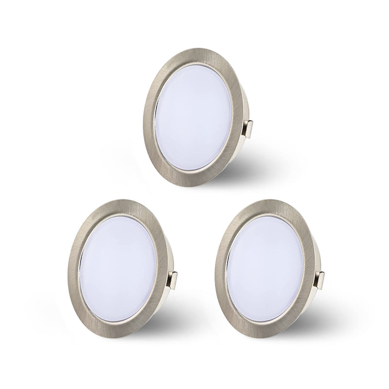 KYOTECH LED recessed furniture light dimmable 230V 4W 4000K warm white G4 LED 300LM bulb furniture recessed spotlight, drill hole 54-58mm and 20mm flat, brushed stainless steel nickel set of 3