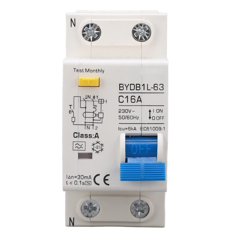 Fi Circuit Breaker, AC 230 V 30 mA 16 A 1P+N Circuit Breaker, A Type C16 Single-Pole Circuit Breaker, DIN Rail, Leakage Protection, Overload Protection, Residual Current Circuit Breaker, FI/LS Switch 16A