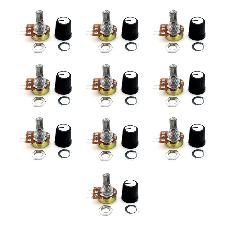 JZK 10pcs B10K Potentiometer Knob with 6mm Shaft, Rotary Volume with Linear Taper B 10k Potentiometer Knob, B10K Ohm Rotary Potentiometer with 3 Terminals with Cap, Nuts and Washer