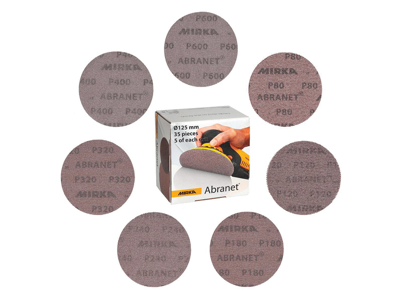 Mirka Abranet mesh sanding discs Ø 125 mm Velcro / mix pack 5 of each grain size 80, 120, 180, 240, 320, 400, 600 / 35 pieces / for all 125 mm eccentric sanders and grinders Mix 1
