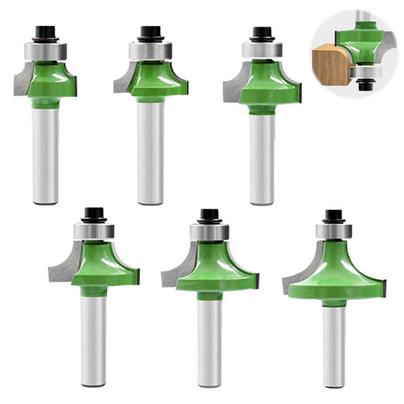 Pack of 6 rounding cutters 8 mm shank, carbide radius cutter with ball bearing round cutter, round over cutter bits router bits, milling head for router 8 mm for carpentry chamfering woodworking trimming