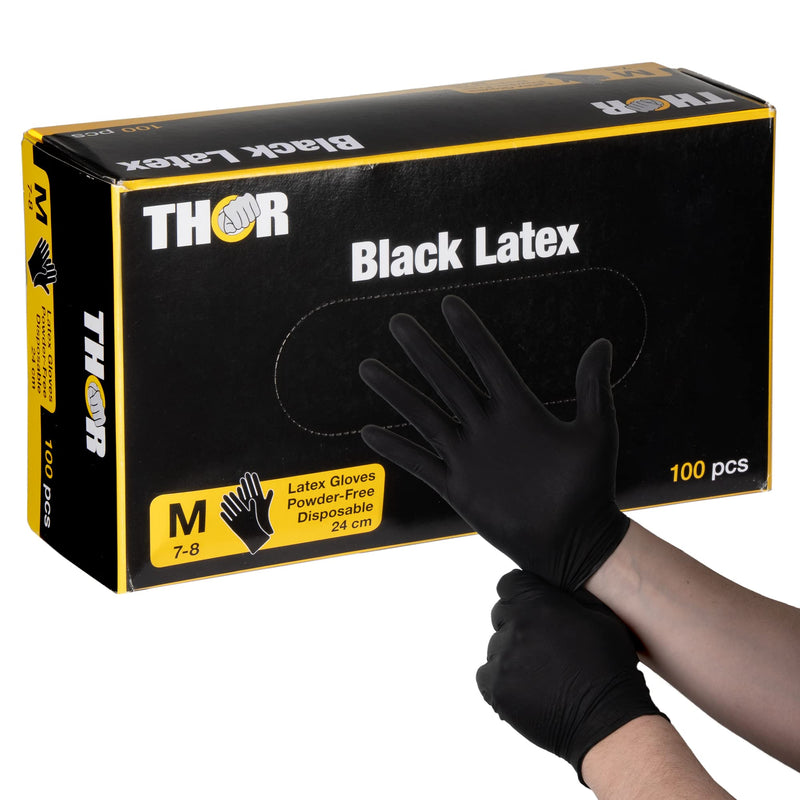 ABENA THOR Black latex gloves 100 pieces (size M) | Black powder-free disposable gloves for cooking, cleaning, grilling and much more Disposable gloves without powder | Disposable Glove Kitchen Workshop Pack of 1, Medium (7-8)