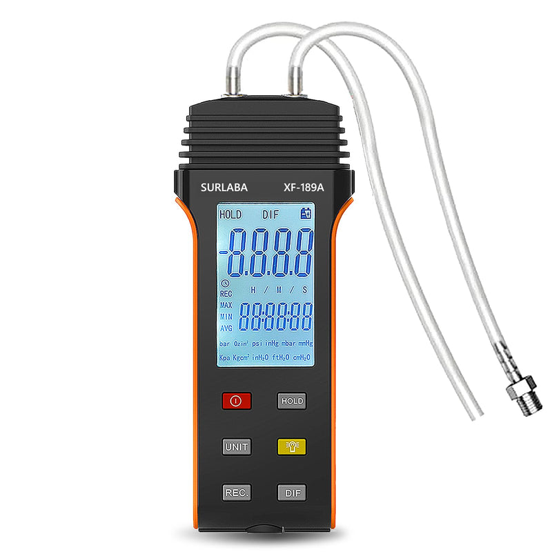 SURLABA Digital Pressure Gauge, Differential Pressure Gauge Measuring Range 6PSI, Gas Pressure Gauge with 11 Units, Differential Pressure Gauge for Differential Pressure of 1-2 Pipes, Ventilation, HVAC XF-189A (6Psi)