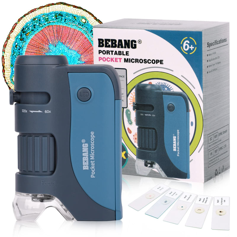 BEBANG Pocket Microscope for Kids, Handheld Mini Microscope with LED, 5 Prepared Slides, 60x-120x Portable Microscope for Kids Students Microbiological Observation Preschool Study 120X