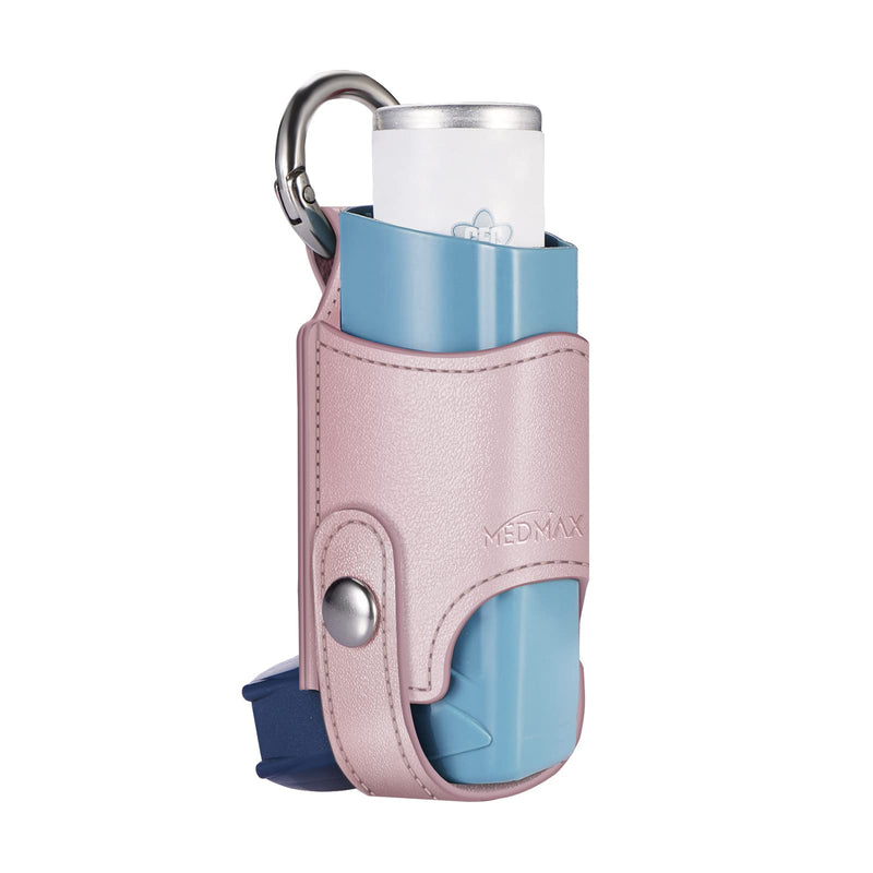 Medmax Asthma Inhaler Holder | Faux leather case holster, lightweight carry bag with carabiner hook, holder compatible with Ventolin inhaler, (case only) Rose Gold
