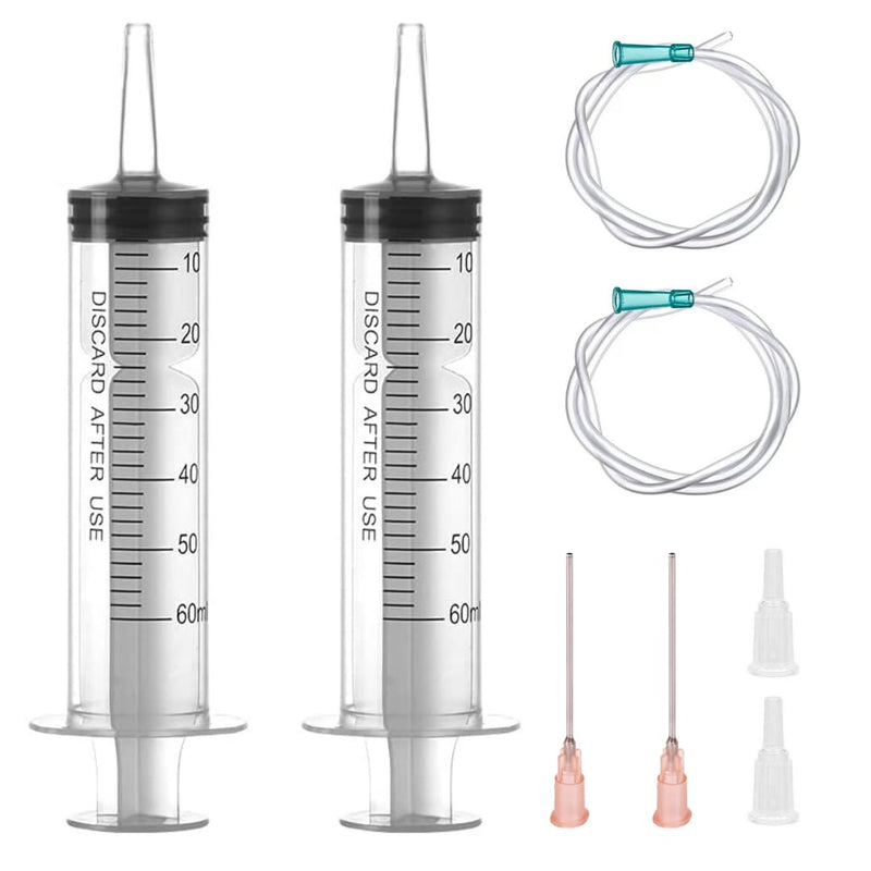 Pack of 2 syringes 60 ml/cc with tubes and blunt needles, reusable, individually packed, sterile, measuring liquids, plant irrigation, animal feeding, scientific laboratories, industry 2x 60ml + 2x cannula + 2x tube