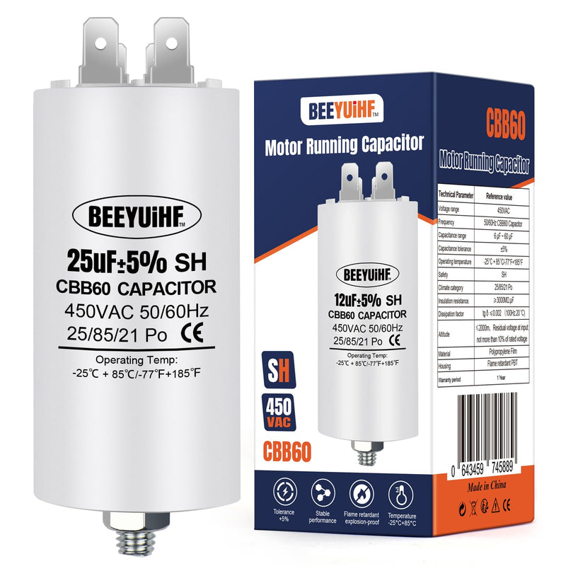 BEEYUIHF CBB60 motor capacitor 25µF 450V capacitor 50/60Hz starting capacitor 25UF motor running capacitor plug M8 for electric motor 45 x 95 mm 25µF / 25uF