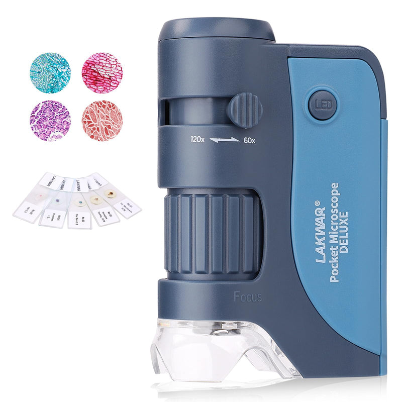 LAKWAR Pocket Microscope for Children, 60x-120x Mini Hand Microscope with 5 Slides, Mini Microscope for Children Students Adults Home School Laboratory Blue