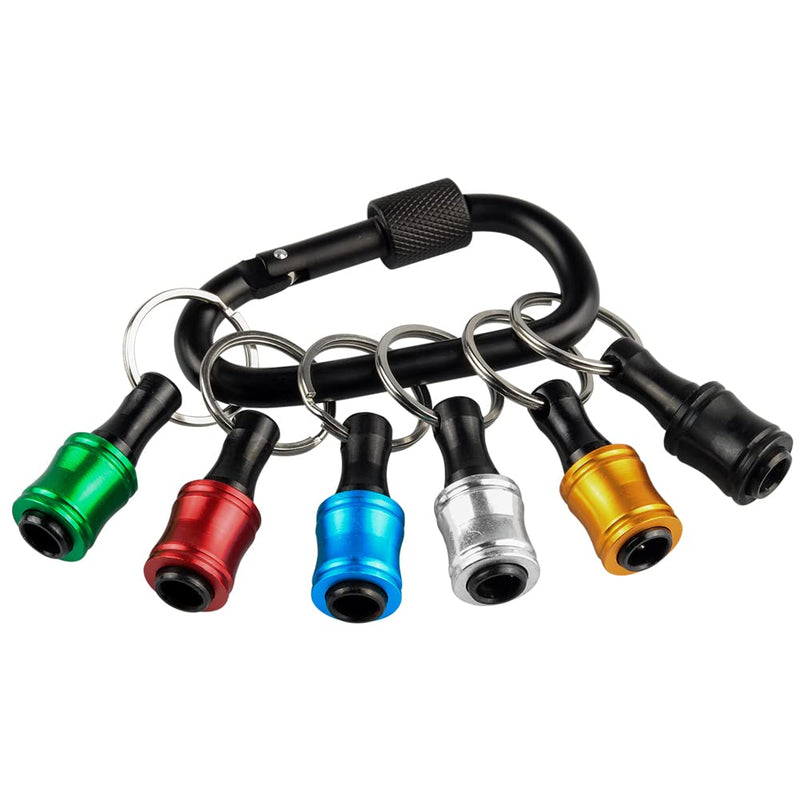 Bit Holder 1/4 Inch Hex Key Ring 6 Colours with Carabiner Pack of 6 | Aluminium alloy quick change, portable EDC, non-slip drill holder for outdoor screwdriver, mini tool