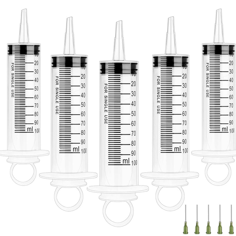 Syringe 100ml with Blunt Needle Pack of 5 Syringes 100ml Sterile Packed Dosing Syringe Reusable for Feeding Plant Watering Motor Oil or Brake Fluid
