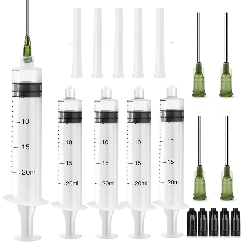 Pack of 5 Syringe Luer Lock 20ML, Plastic Syringe, Plastic Syringe Set with 14G Blunt Dispensing Needle and Cap, Plastic Syringe with Measurement, Feeding Syringe for Dispensing, Animal Feeding