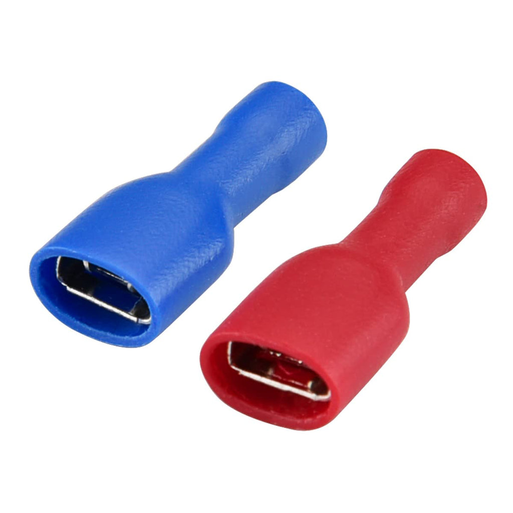 Heschen quick coupling socket vinyl fully insulated, 6.3 x 0.8mm cable lug, red for 0.5-1.5mm² (22-16 AWG), blue for 1.5-2.5mm² (16-14 AWG), 100pack