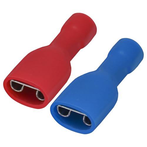 Heschen Quick Coupling Socket Vinyl Fully Insulated, 6.3 x 0.8 mm Cable Lug, Red for 0.5-1.5 mm² (22-16 AWG), Blue for 1.5-2.5 mm² (16-14 AWG), Pack of 100