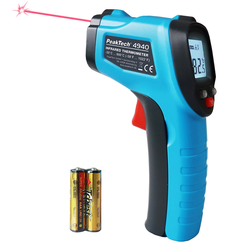 PeakTech 4940 infrared thermometer/pyrometer with laser, -50°C … 600°C, measuring point ratio 12:1, for fast surface temperature measurement 0.5s, emissivity 0.95 fixed