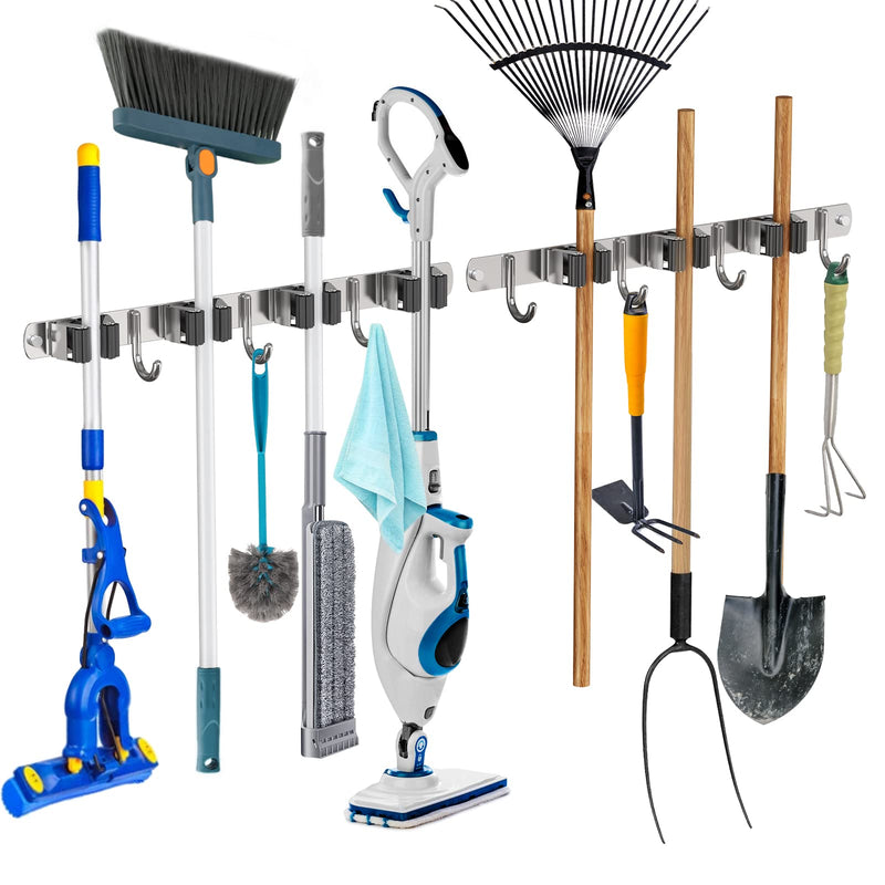 WECUTE Broom Holder Wall Pack of 2 Device Holder Hook Rack Broom Holder Garden Tool Holder Garden Tools (Stainless Steel) Black