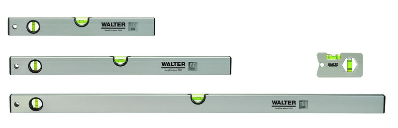 WALTER spirit level set 4 pieces. Spirit level in lengths 40cm, 60cm and 100cm & mini spirit level | with 3 levels for precise measurements, comfortable handling | robust & lightweight aluminum housing