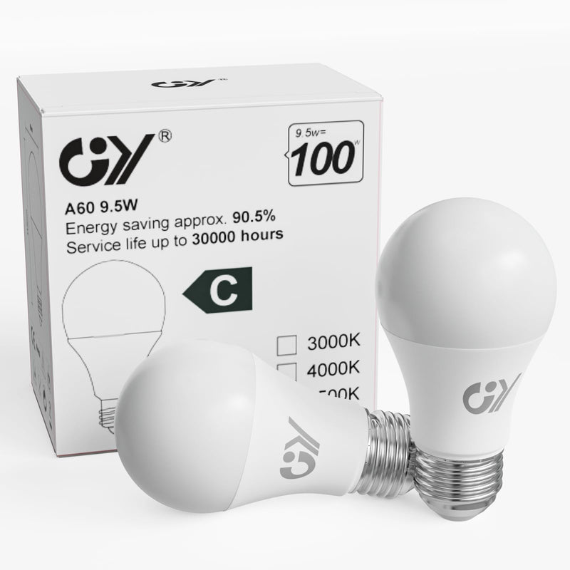 GY E27 LED warm white lamp 9.5W 3000K 1521 lumens warm white bulb, A60 energy saving lamp replaces 100W halogen lamp, non-dimmable LED bulbs, 2 pieces [energy efficiency class C] A60-9.5w3000k 2 pieces