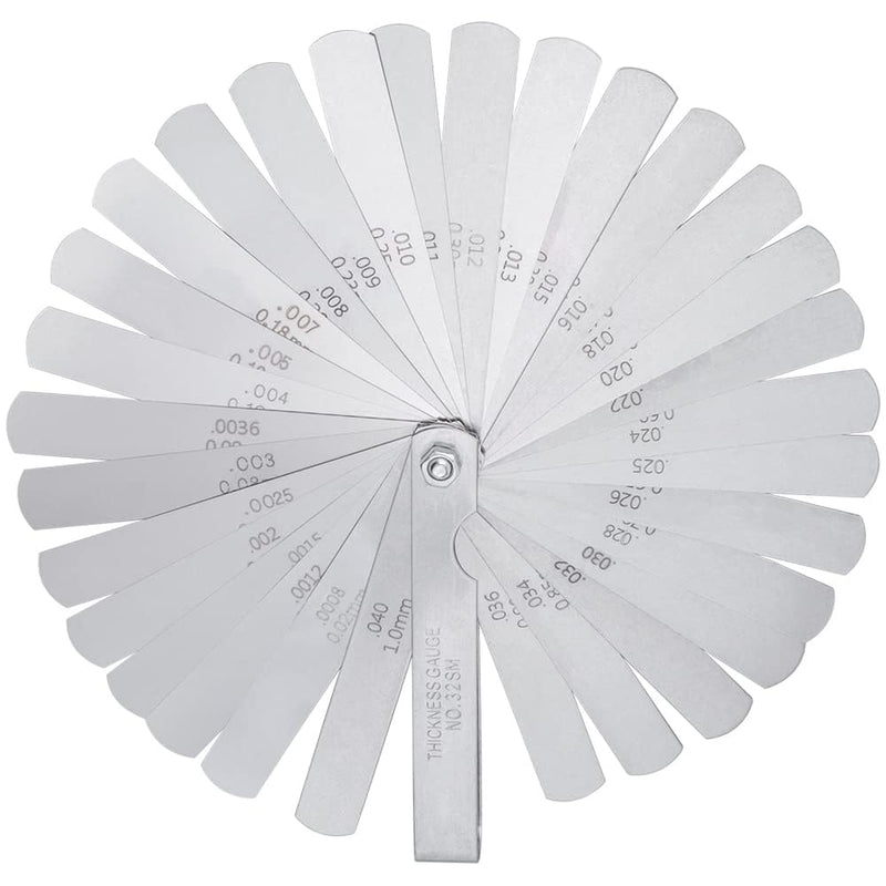 Mesee 32 Blade Stainless Steel Feeler Gauge Set, Feeler Gauge Measuring Tool, 0.02-1.0mm Double Marked Metric and Imperial Measuring Tool, for Measuring Gap Width Distance Gauge