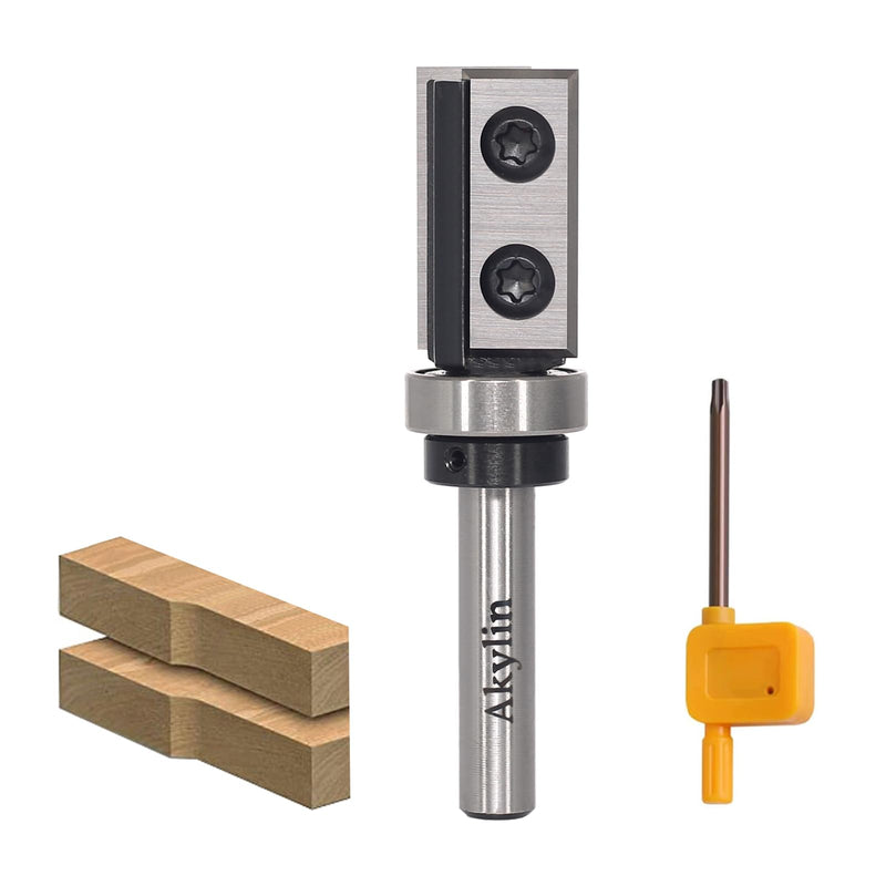 AKYLIN reversible flush cutter 8 mm shank, 4-sided interchangeable carbide blade, flush cutter router with ball bearing, wood cutter for edge processing, flush cutter, bottom bearing, 8 x 19 x 30 mm