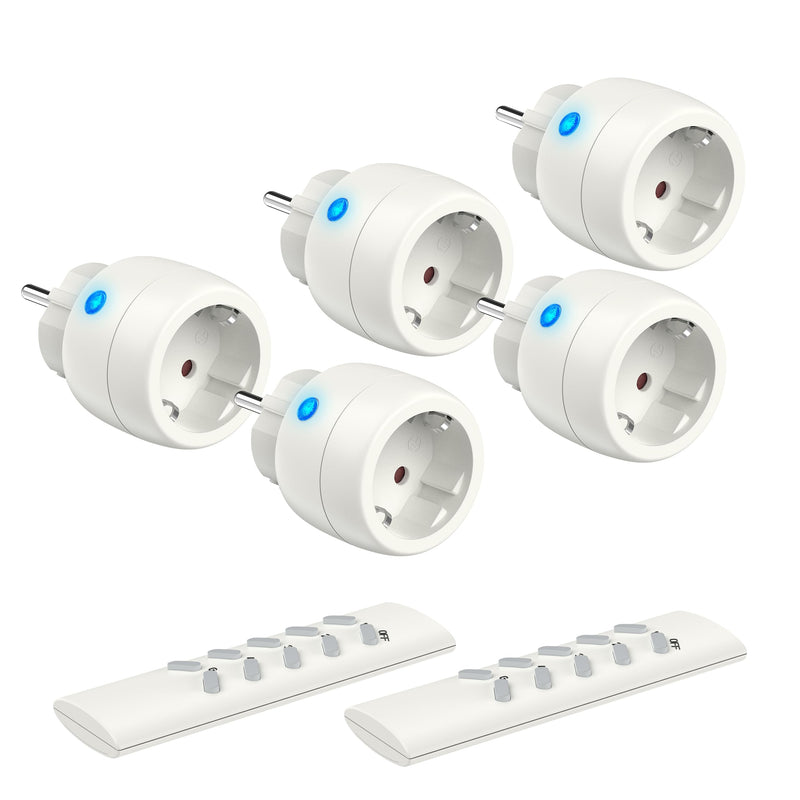 Ucomen radio sockets with remote control, 5 sockets with 2 remote controls, 2300W radio socket set range 30m, radio switching set self-learning function for household appliances, white mini télécommande 2 commande 5