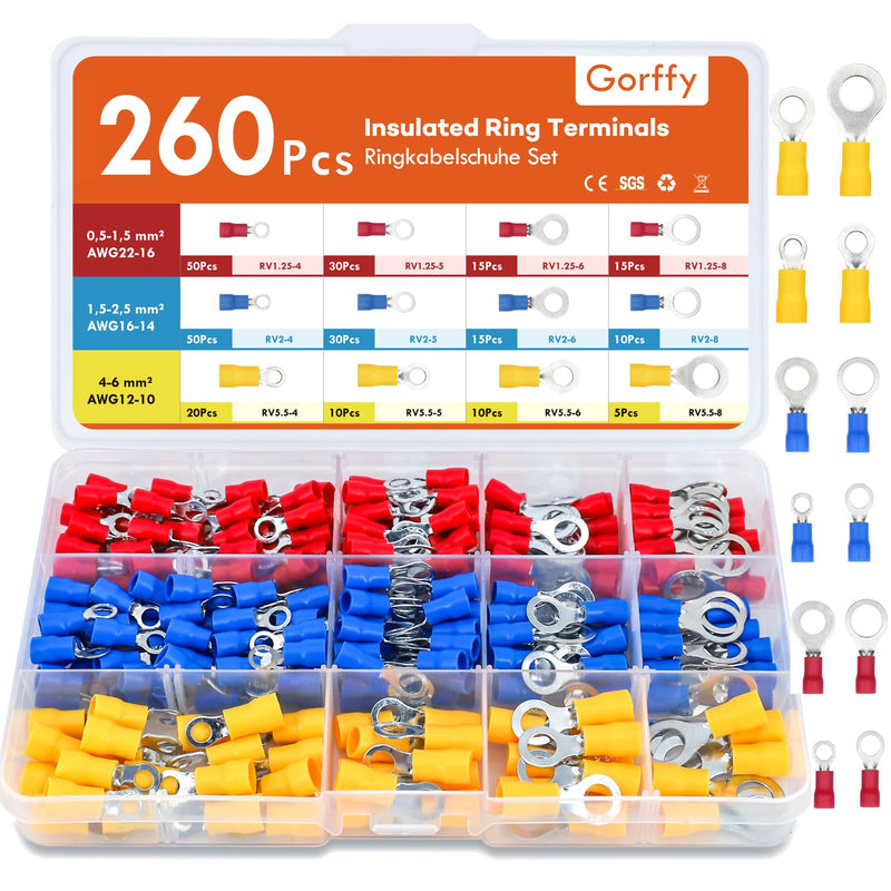Gorffy ring cable lugs, 260 pieces cable lugs set, 0.5-6mm² ring eyelets cable lugs, Ø M4/M5/M6/M8 ring cable lugs set, cable lugs crimp connector assortment R260