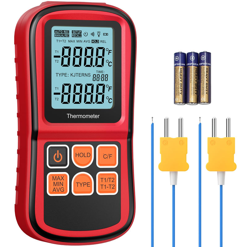 Dual digital thermometer, CAMWAY temperature meter with 2 channels K-type & LCD display backlight, thermocouple sensor probe temperature measuring device for thermocouple types K/J/T/E/R/S/N