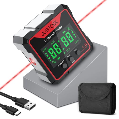 JUSTOOL Digital LCD Protractor Inclinometer Laser Angle Measuring Device Spirit Level IP54 Waterproof Level Box 4-Sided Magnetic Leveling Box Bevel Box with Type-C Charging Cable Red