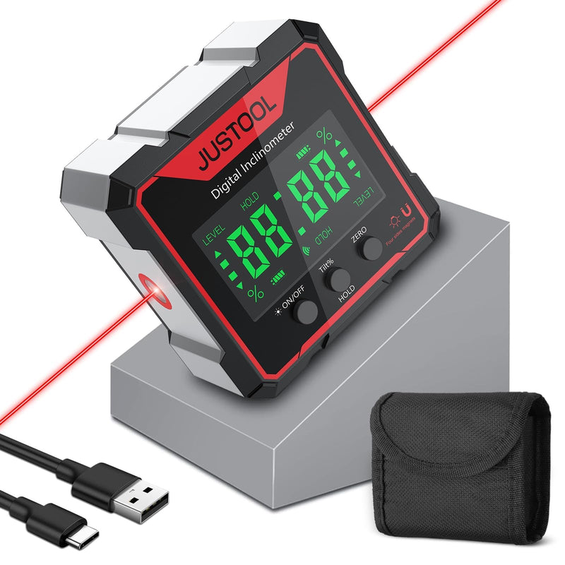 JUSTOOL Digital LCD Protractor Inclinometer Inclinometer Laser Angle Measuring Device Spirit Level IP54 Waterproof Level Box 4-Sided Magnetic Leveling Box Bevel Box with Type-C Charging Cable