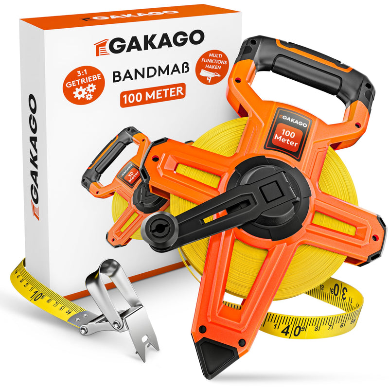Gakago tape measure 100m - 3-fold translation tape measure with folding lever - ergonomic & non-slip tape measure handle - tape measure roll with measuring point marking tip and flexible measuring hook 100 meters