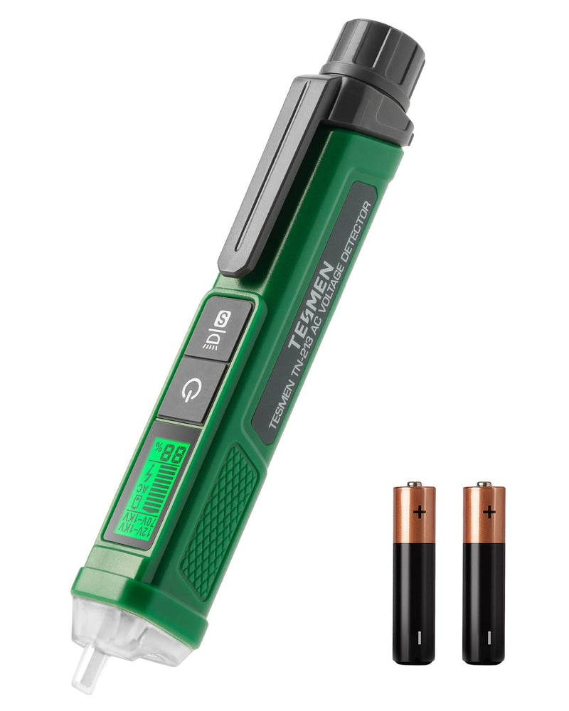 Non-contact voltage tester, TESMEN TN-213, phase tester, non-contact continuity tester, AC 12V-/70V-1000V, dual range, flashlight, LCD display in percent, buzzer alarm, wire break detection-green green