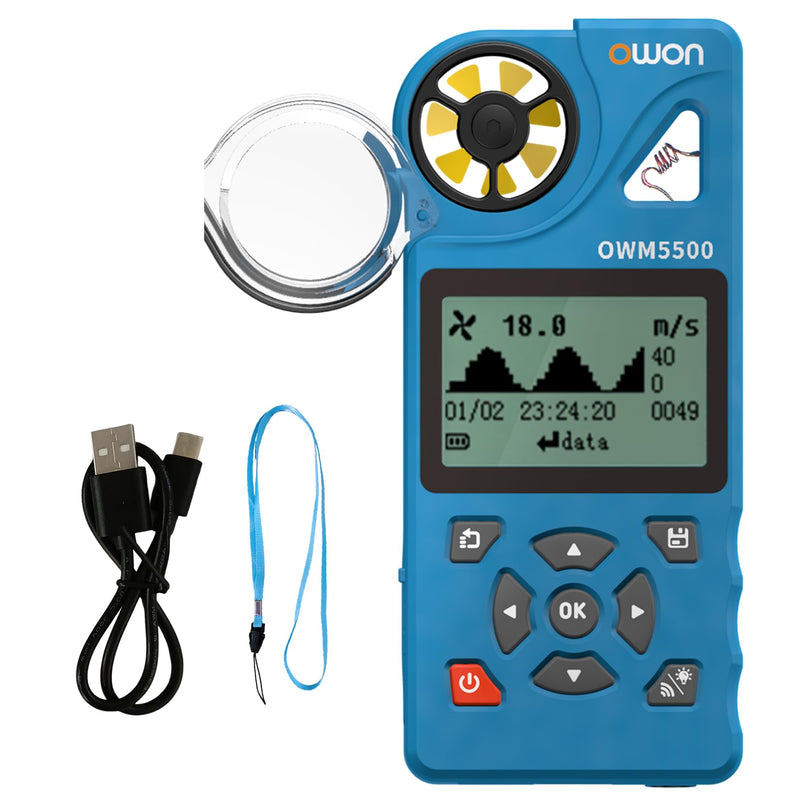 OWON OWM5500 Digital Anemometer, Portable HVAC Anemometer for CFM Airflow, Wind Meter Measures Wind Speed, Temperature and Relative Humidity with USB Sync to PC