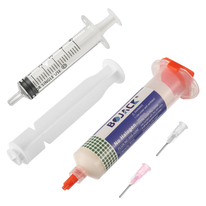 BOJACK 30ML Lead-Free Solder Flux Syringe Solder Flux Paste with 2 Dosing Tools and Push Rod Syringe for LED SMD PCB BGA Electronic Soldering (1.62 oz/46 g)