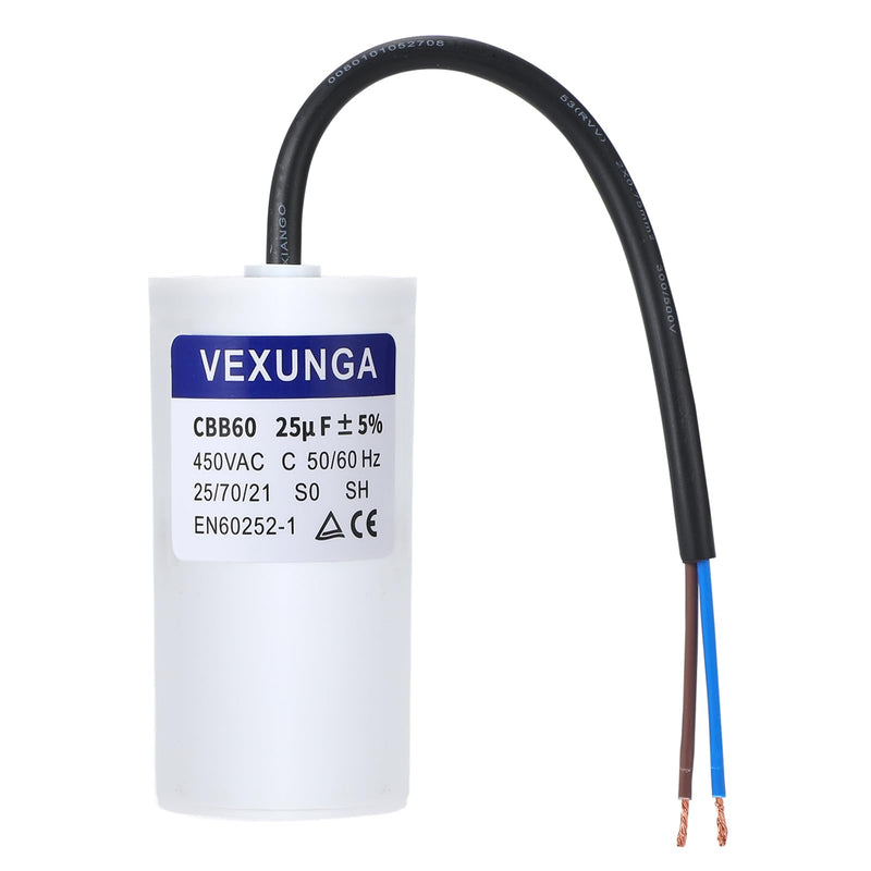 VEXUNGA capacitor 25uF 450V starting capacitor 25µF AC motor capacitor CBB60 SH 25 MFD 450VAC capacitors 45x93MM 50/60Hz with cable