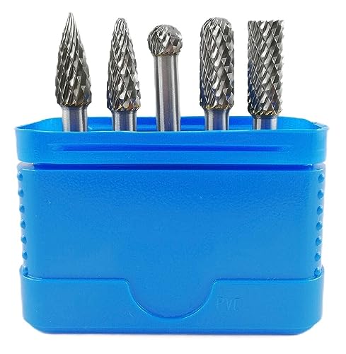 WRS Carbide Burr Set with Universal Cross Toothing, Industrial Quality, 5 Pieces, in Rose Plastic Box, Size: 8.0 mm Head Diameter, 5-Piece 8.0 mm Head-Ø, 5-piece.
