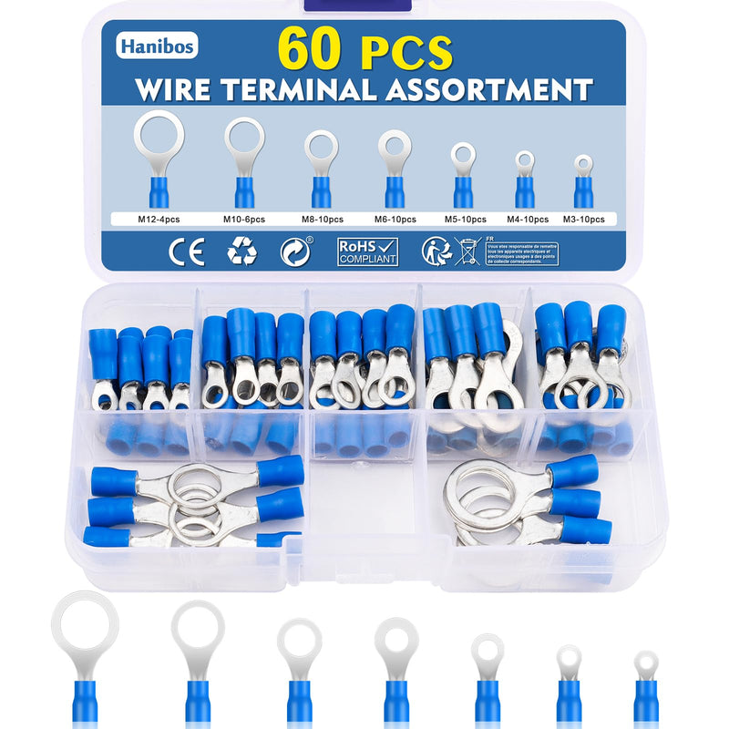 Hanibos Pack of 60 ring cable lugs 1.5-2.5 mm² blue cable lugs crimp connector 16-14 AWG ring cable lugs hole diameter M3 M4 M5 M6 M8 M10 M12 cable lugs round 7 sizes
