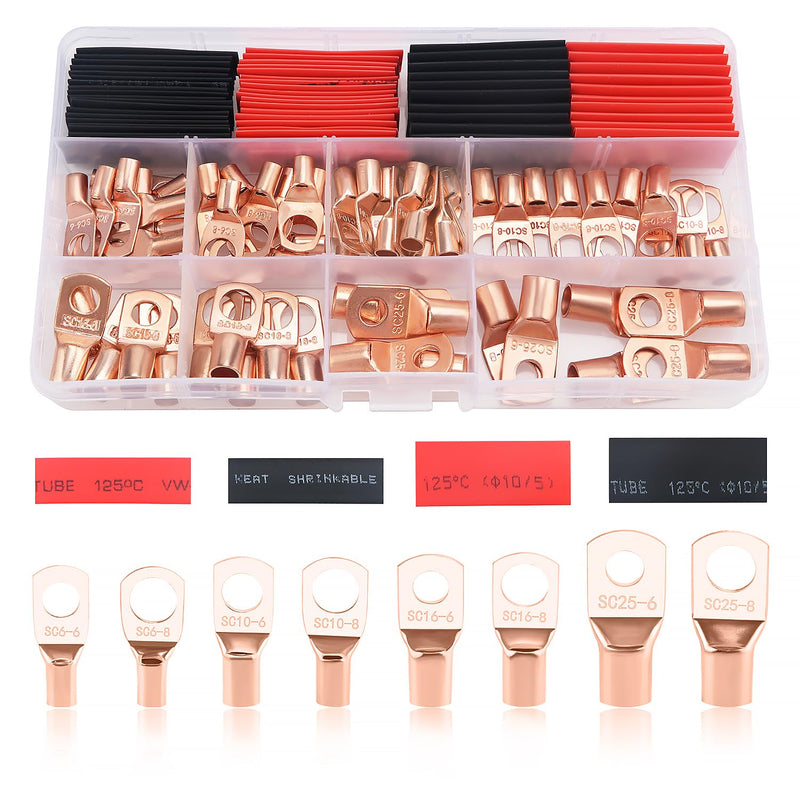 YIXISI 120 pieces ring cable lugs set, tubular battery cable ends, copper cable lugs, for vehicles, cars, motorcycles, boats, with heat shrink tubing, golden with heat shrink tubing