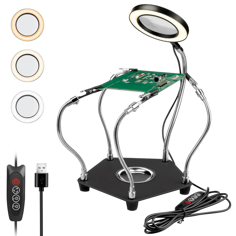 Third Hand Soldering, Lytool Soldering Aid Circuit Board Holder Tool Hands Craft Workshop Help Station with USB LED, 3X Magnifying Glass, Four Arms Helper Crafts Jewelry Hobby Workshop