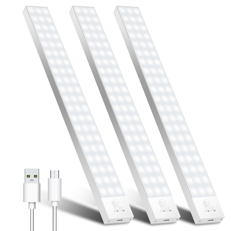 Cabinet lighting LED with motion detector 32cm 3 pieces cabinet light LED strip battery USB rechargeable under-unit light kitchen cabinet lights for wardrobe, stairs, trunk, RV 5000k-white 32cm-3 pieces