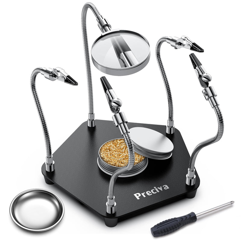 Soldering Third Hand, Magnetic Helping Hands Preciva Soldering Aid with 4 Flexible Arms and Alligator Clips Third Hand with Magnifying Glass, Flexible Soldering Holder, Soldering Aid Clamp with Magnifying Glass