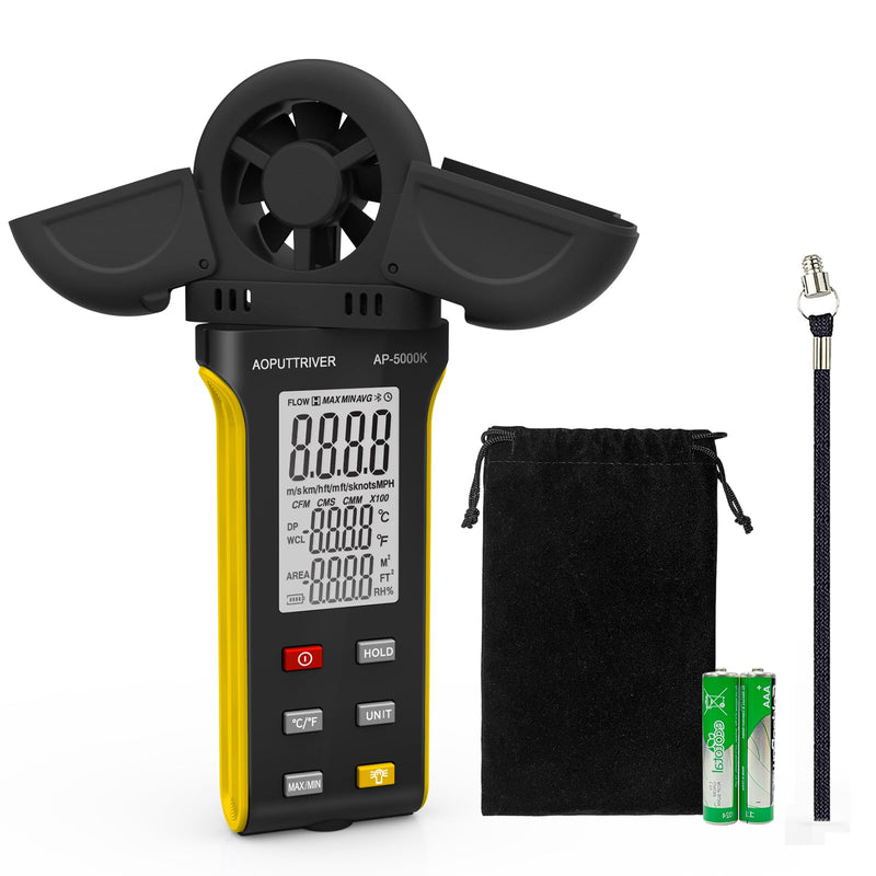 AOPUTTRIVER AP-5000K Digital Anemometer Handheld Wind Meter with 270° Rotating Detector and Double Wing Cover, Backlit Anemometer, MAX/MIN/AVG, Temperature
