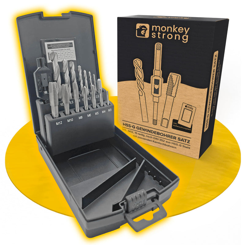 Thread cutter set [made of HSS steel | with core hole drill set] - 15-piece tap set in popular sizes from M3 - M12 including tap wrench & storage box | Thread cutting set - from monkeystrong® single tap