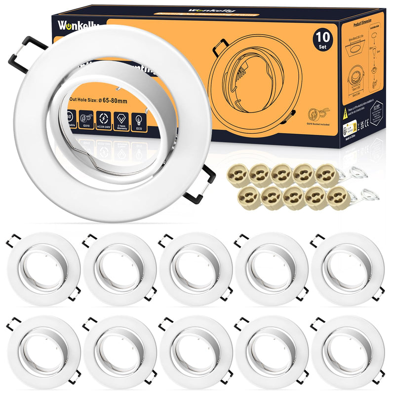 LED recessed spotlight GU10 set, (incl. GU10 socket), LED spots 230V, hole diameter 68mm, installation frame in round, white matt, 30° swivel, recessed spots made of metal, for recessed lighting (10 pieces) white
