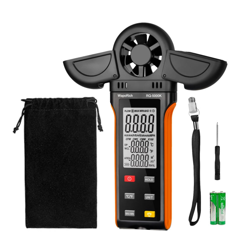 Digital Anemometer Handheld Wind Speed Meter Gauge Measures Humidity/Temperature/Wind Speed with MAX/MIN/AVG for HVAC, Sailing, Surfing, Drone RQ-5000K